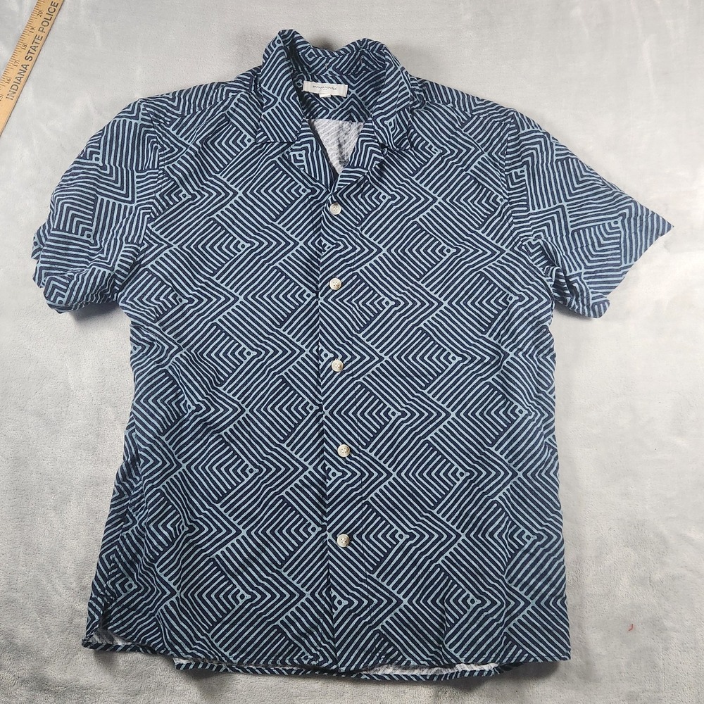 Banana Republic Mens L Blue Geometric Linen Blend Short Sleeve Button Up Shirt